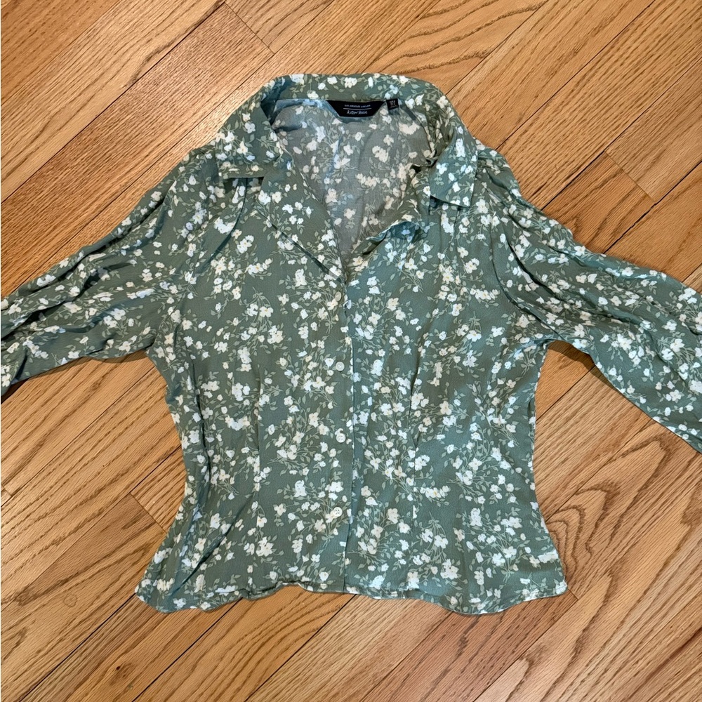 Floral Green Long Sleeve Button Up Blouse